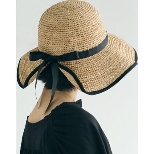 Fashion Wide Brim Hepburn Style Raffia Hat For Women Summer Sun Hat Black Bow Bucket Hat Foldable Beach Bonnet Enfant Fedora Cap