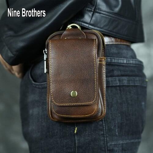 6 Inch Phone Outdoor Men Leather Belt Bag Genuine Cowhide Male Fanny Pack Cigarette Case Vintage Waist Bag For Phone School Boy
