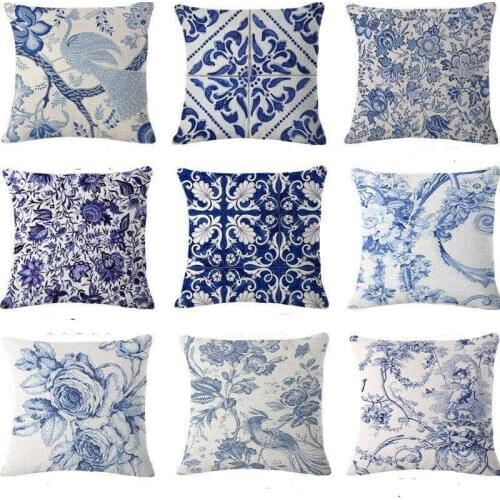 Vintage Blue Flower Pillow Case Chinese Style Pillow Cover Bird Girl Pattern Cotton Linen Cushion Cover for Home Decor 45*45 CM