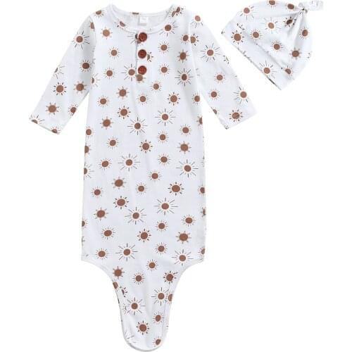 Breathable Infant Sleeping Bag Set Autumn Baby Girl Boy Sun Printing Long Sleeve Round Collar Sleeping Sack + Round Hat 0-1Year