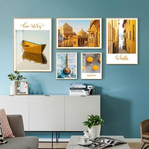 Dusk Boat City Snow Mountain Yellow Umbrella Canvas Painting Palace Wall Decorative Picture Sky And Building Poster Home Room