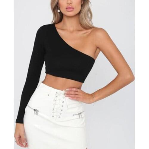 One Shoulder Slope Neckline T Shirt Sexy Solid Long Sleeve Womens Tshirt White Black Crop Top Ladies T-shirt 2020 New Fashion