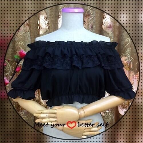 Women Lace Chiffon Lolita Blouse Shoulder Off Lace Short Sleeves Loose Undershirt Lolita Crop Top Ladies Gothic Lolita SL2939