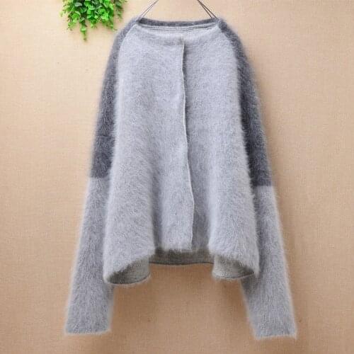 Ladies women fashion grey hairy mink cashmere colored knitted long sleeves loose cardigan angora fur jacket coat sweater pull
