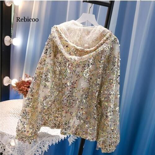 Women Mesh Thin Jacket Summer Long Sleeve Hoodie heavy colorful sequined Sun-proof Ladies Sun Protective Outerwear Rash Guards