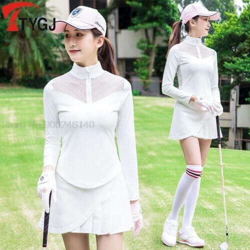 Golf Women Clothing Set Ladies Slim Sports Wear Skirts Set Long Sleeve Lace Shirts Pleated Golf/Tennis Badminton Skirts Suits