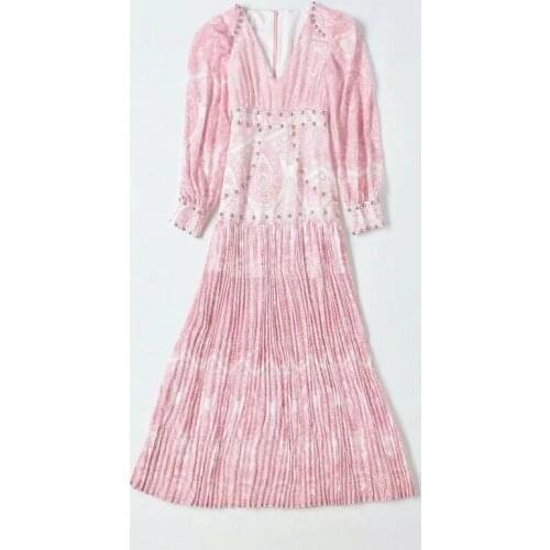 New Arrival Long Dress 2021 Autumn Style Women V-Neck Pink Print Hand Made Beading Deco Long Sleeve Pleated Maxi Dress Vestido