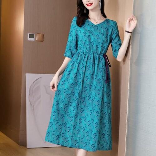 Summer Vintage Chic Ramie Blue Floral Dress 2021 Casual Elegant Cotton Linen Print Beach Midi Dress Women Bodycon Party Vestidos