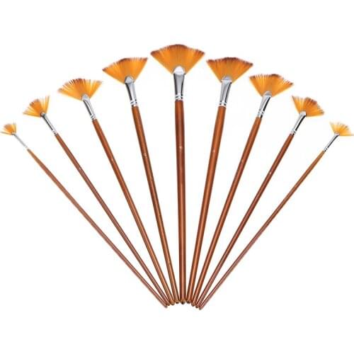 9Pcs Fan Bristle Paint Brush Set Watercolor Acrylic Wooden Handle Painting Brushesfor Kids Watercolor Gouache Drawing Art Supply
