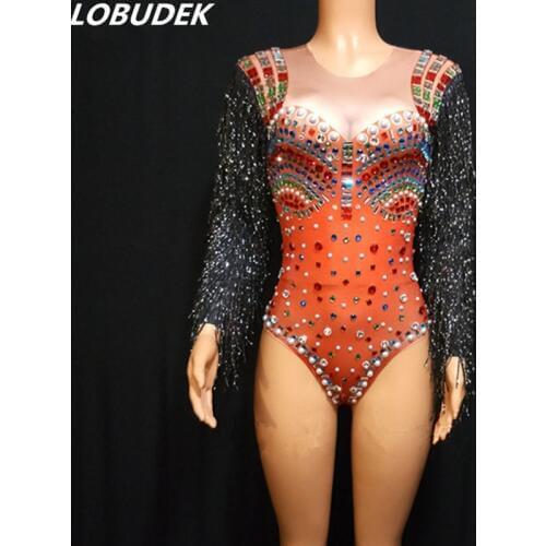 Black Tassel Sleeve Colorful Rhinestones Bodysuit Women Singer Stage Wear Sexy DJ Nightclub Performance Costume Crystal Bodysuit