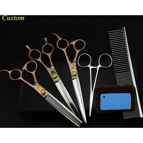 Custom 5 kit japan steel 7 inch rose Pet dog grooming hair cutting scissors cut shears thinning barber hairdressing scissors set