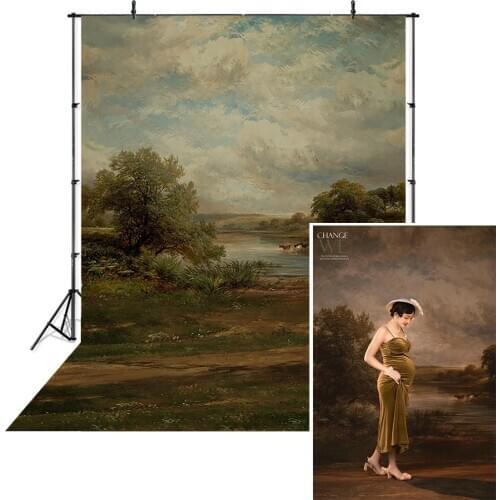 Rural Scene Photography Backdrop River Cow Ship Sheep Adult Kids Portrait Old Oil Painting Drops Profession Background Studio