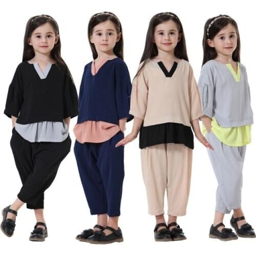 Turkey Muslim Girls 2pcs Sets Kids Tops Pants Suits Half Sleeve Shirts Trousers Islamic Clothing Arab Robe Gowns Jubah Ramadan