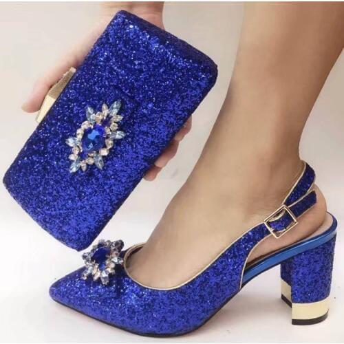 Beautiful royal blue women pumps with big crystal style african dress shoes match handbag set V073-6,heel 8CM