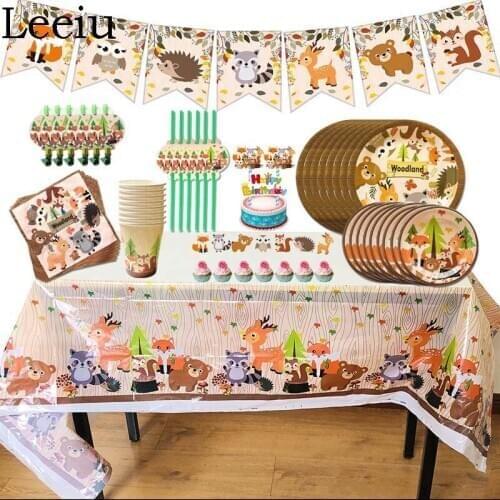 Leeiu Woodland Tableware Animal Paper Plates Cups Birthday Party Decorations Baby Shower Jungle Safari Forest Party Supplies