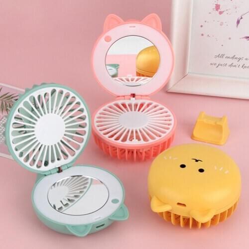 Cute Cat Portable Mini Pocket Fan Rechargeable LED Fill Light with Makeup Mirror Portable Fan Cat Design LED Light