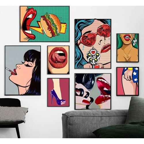 Fashion Cartoon Comic Red Lips Wall Art Canvas Painting High Heels Wild Sexy Woman Posters And Prints Living Room Decor Pictures