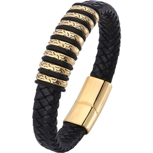 Male Jewelry Punk Black Braided Leather Bracelets for Men Gold Color Stainless Steel Magnetic Clasp Fashion Bangles Gifts SP0778