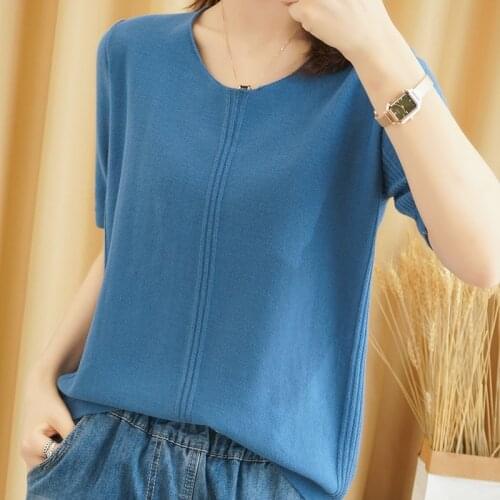 2020 summer new style v-neck cotton knit short-sleeved loose half-sleeved 100% cotton t-shirt women casual top thin