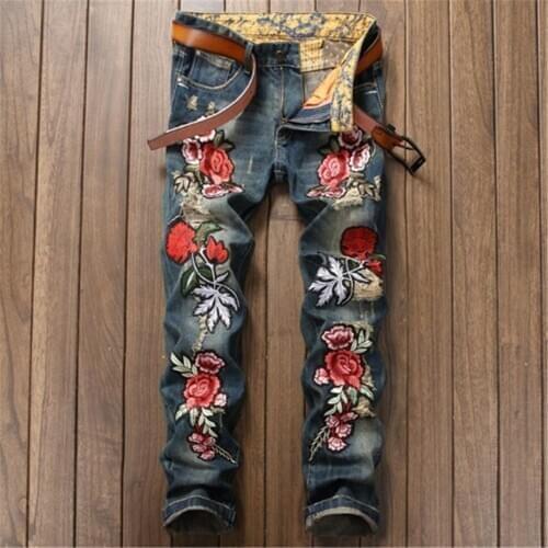 Autumn New Straight Leg Slim Jeans Embroidered Rose Tide Pants Classical Retro Ripped Denim Trousers Fashion Clothing