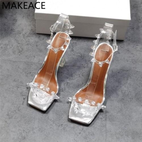 Clear Studded Party Sandals Sexy Women Shoes Transparent Strange Heel Summer Shoes Designer Crystal Rivets Women Sandals 2021
