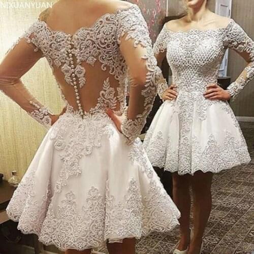 Luxury Lace Bodice Short Wedding Dresses 2021 Skin Tulle Bride Dress Long Sleeves Appliques Gowns vestidos de novia