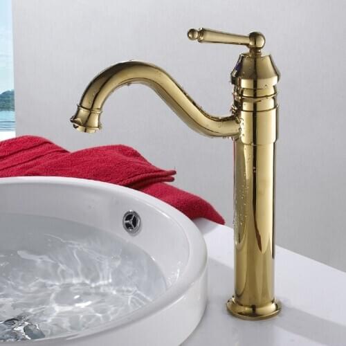 Luxury Gold Color Deck Mounted Bathroom Sink Basin Faucet Swivel Spout Single Handle Vessel Sink Mixer Brass Taps