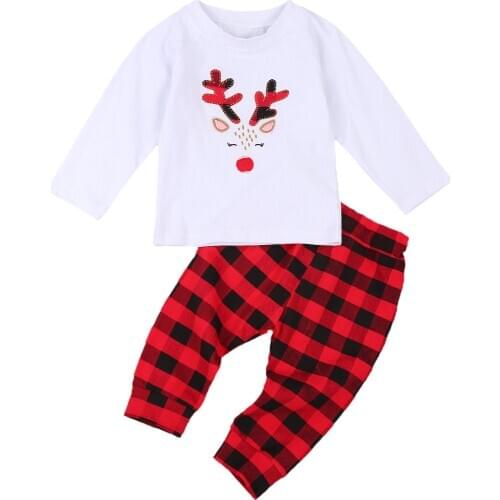 Christmas childrens suit elk pattern top + red plaid pants casual sweater suit Autumn Round Collar Baby Outfits 6M to 4Y