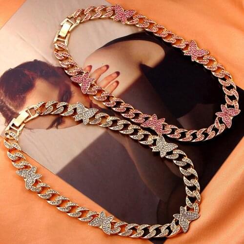 Pink Butterfly Chunky Choker Necklaces Crystal Cuban Link Chain Iced Out Bling Rhinestone Chain Necklace For Women Jewelry Party