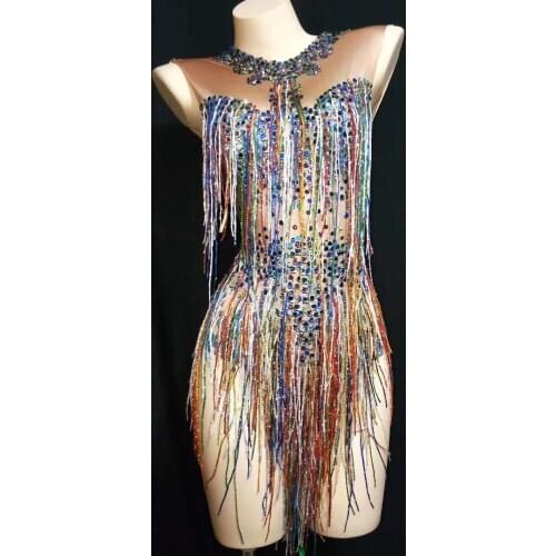 Rhinestones Tassel Nightclub Bodysuit Women Stretch Sexy Leotard Celebration Performance Dancer Costumes Pole Dance Outfits