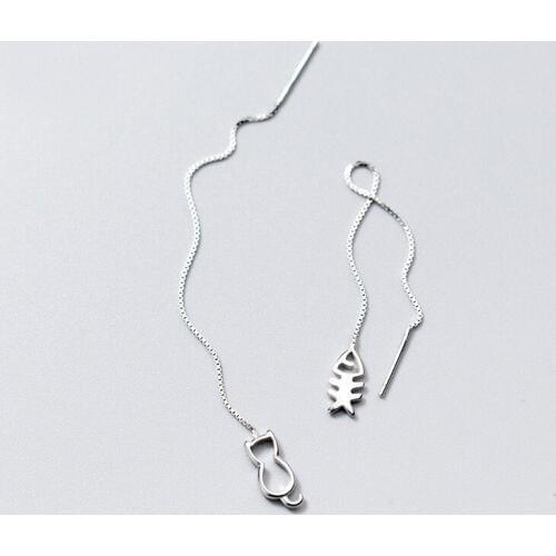 MloveAcc 925 Sterling Silver Cute Animal Cat Fish Drop Earrings Fashion Long Chain Tassel Jewelry Gift for Women Earrings