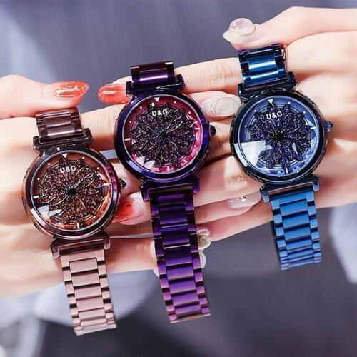 High Top Quality Rotation Women Watches Lady Luxury Rhinestion Casual Quartz Watch Woman Stainless Steel Watch reloj mujer