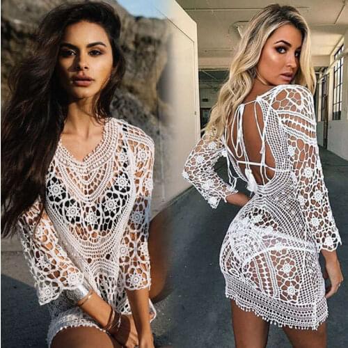 Swimwear Cover Up Women White Lace Tunic Beach Dress Clothing Backless Bathing Suit Crochet Bikini Swimming Beach Wear