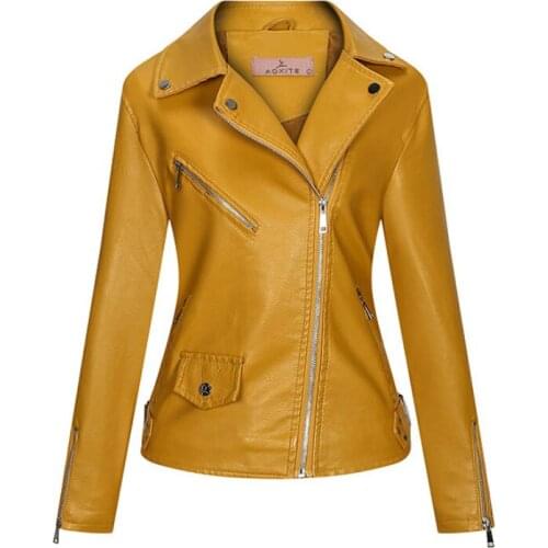 2021 Autumn Winter Women Jacket PU Leather Turndown Collar Coat Oblique Zipper Slim Fit Veste Femme Solid Color Outwear WF158