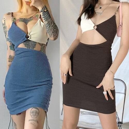 Women Sexy Spaghetti Strap V-Neck Bodycon Mini Dress Color Block O-Ring Irregular Cutout High Waist Ruched Side Drawstring Party