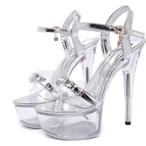 Hot Sales 2020 Summer Style Sexy Women Sandals PVC 15CM Thin High Heels Open Toed waterproof platform Rhinestones shoes woman