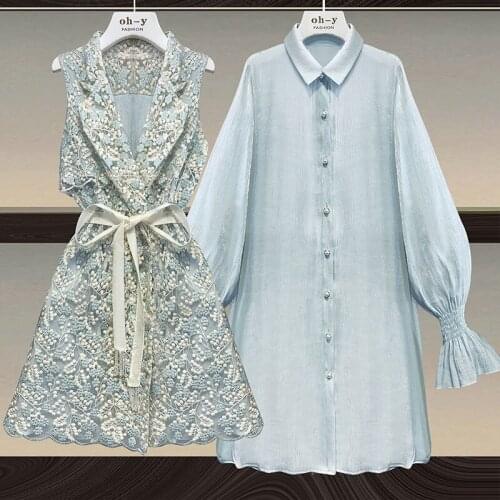 Plus Size Womens Suit Temperament 2021 Summer New Shirt Dress Two Piece Ladies Floral Waistcoat Set Trendy Female Outfits zh863