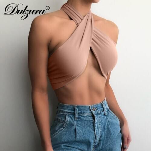 Dulzura Solid Women Crop Top Tanks Lace Up Halter Backless Cross Sexy Streetwear Party Club 2021 Summer Clothes Cute