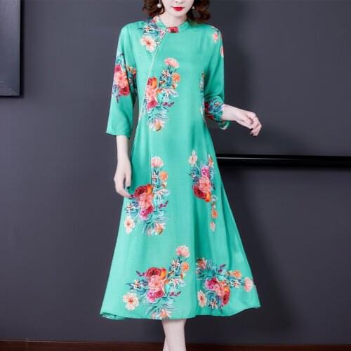 2021 Summer Chinese Style Floral Mulberry Silk Midi Dress Spring Vintage Print 4XL Plus Size Dress Women Elegant Bodycon Vestido