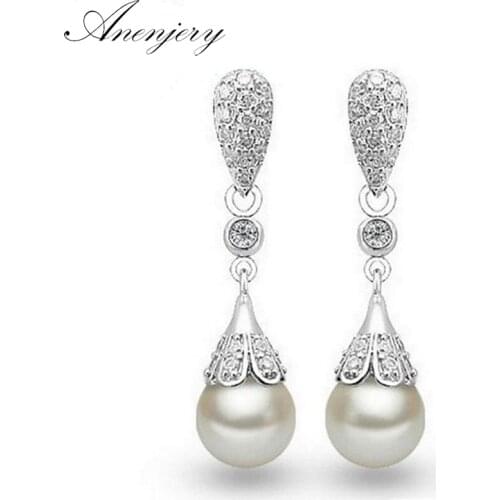 ANENJERY 925 Sterling Silver Earrings Mosaic Zircon Pearl Water Drop Tassel Earrings For Women oorbellen brincos S-E393