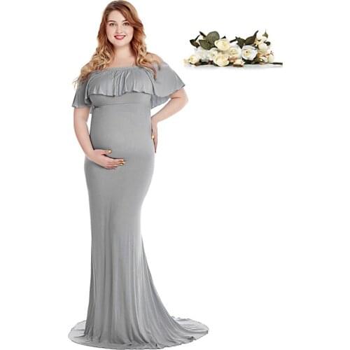 VOGUEON Maternity Long Dress Women Ruffles Off Shoulder Sleeveless Maxi Dress Pregnant Fashion Baby Shower Party Gown for Photo
