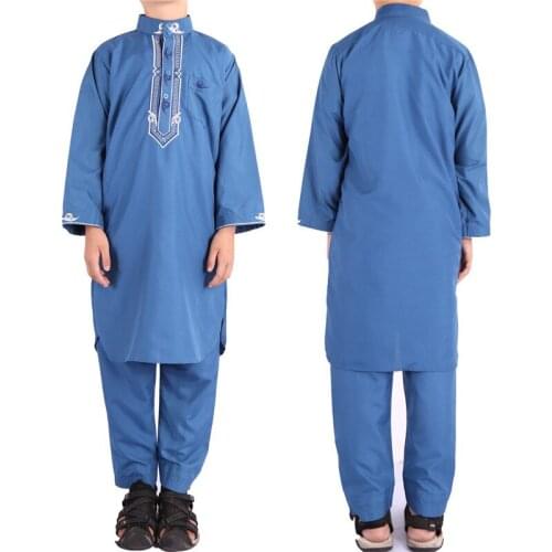 8~18years old mix colors new stand collar islam thawb children Jubba robe boy embroidery long sleeve thobe with pants