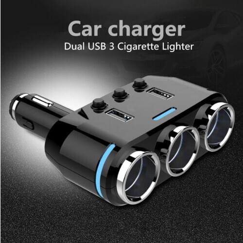 JX-LCLYL 12V LED Dual USB 3 Way Car Cigarette Lighter Socket Splitter Charger Adapter
