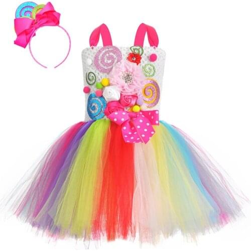 Sweet Candy Rainbow Tutu Dresses For Girls Birthday Party Dress Halloween Princess Costume With Headband 1-12 Years Kids Clothes