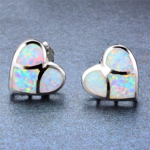Cute Boho Female Small Heart Earrings Silver Color Stud Earrings For Women Vintage White Blue Fire Opal Earrings