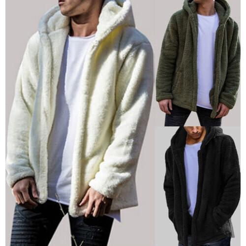 Men Winter Warm Teddy Bear Pocket Fluffy Coat Fleece Fur Hooded Jackets Hip Hop Stylish Cool Outerwear Tops Plus Size M-2XL