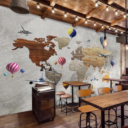 Custom Any Size Mural Wallpaper European Style Creative Aircraft Balloon World Map Wall Painting Restaurant Cafe Wall Papers 3D