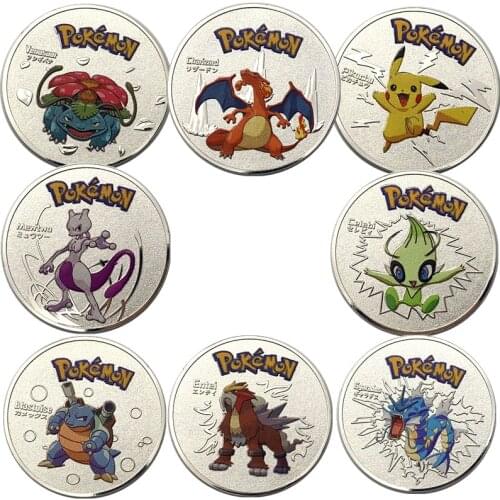 Pokemon Pikachu Charizard Blastoise Gyarados Venusaur Mewtwo Customized Cartoon Childrens Coin Craft Silver Plated Medal Toy