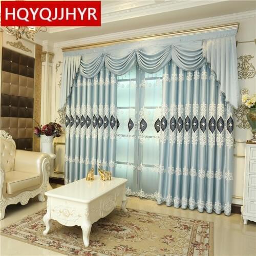 Luxury European and American style villas embroidered full shade curtains for Living Room light blue classic Curtain for bedroom