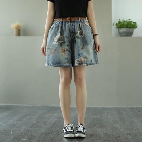 Elastic High Waist Denim Shorts Women Summer Vintage Floral Print Plus Size Casual Cotton Jeans Femme Short Pants with Belt
